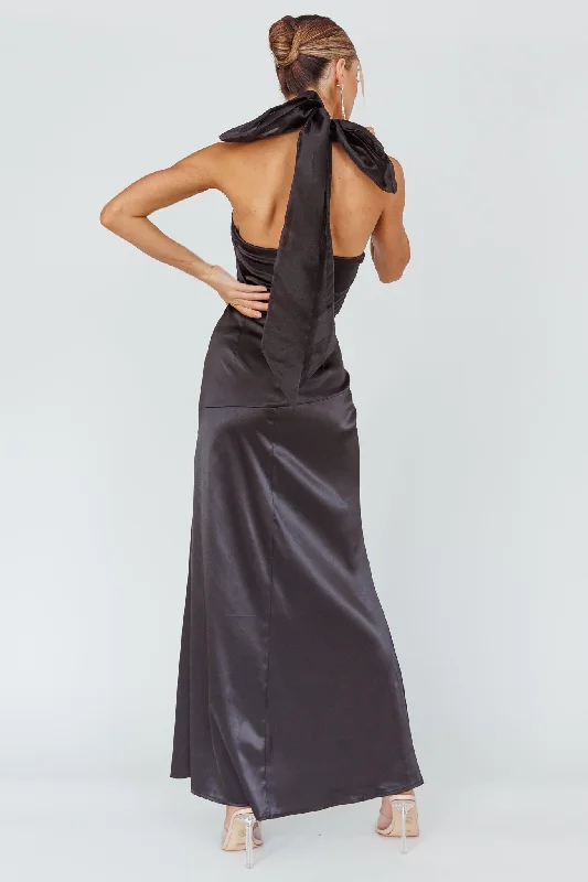 Andria Halterneck Bow Satin Maxi Dress Black