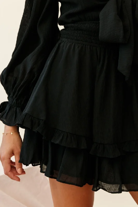 Anthea Bow-Tie Front Layered Frill Dress Black