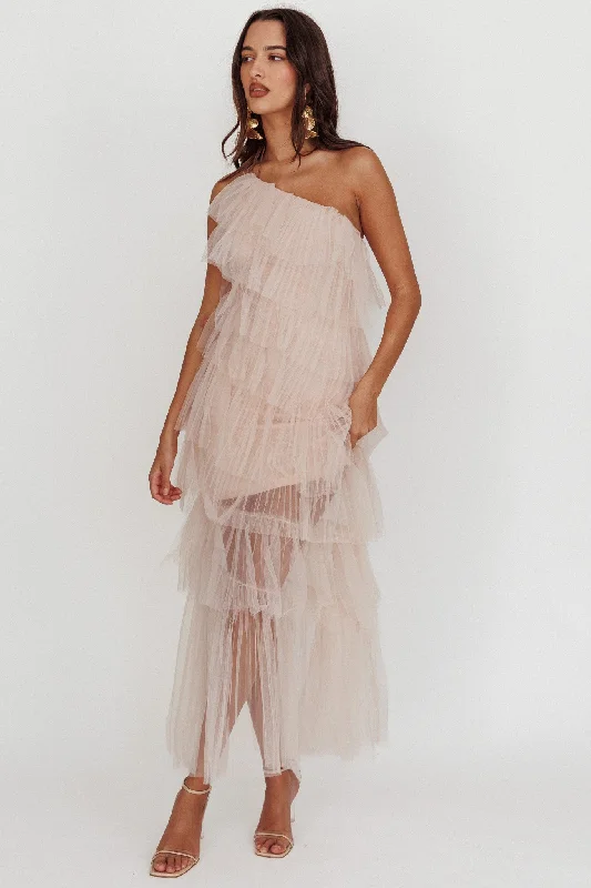 Arrabel Tiered Ruffle Tulle Maxi Dress Blush