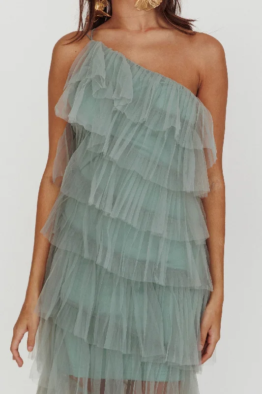 Arrabel Tiered Ruffle Tulle Maxi Dress Sage