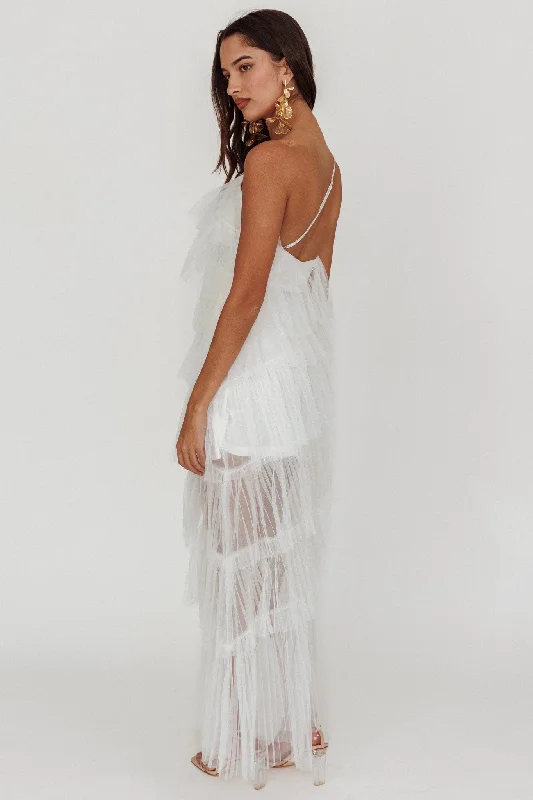 Arrabel Tiered Ruffle Tulle Maxi Dress White