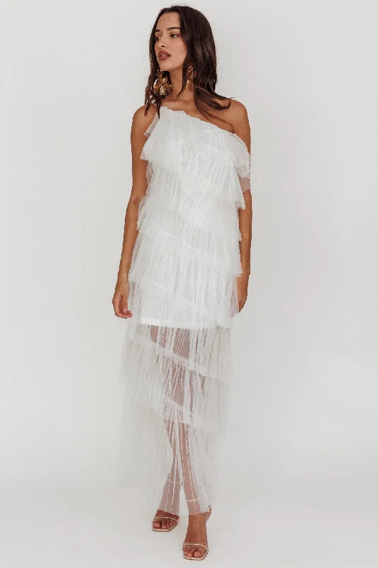 Arrabel Tiered Ruffle Tulle Maxi Dress White