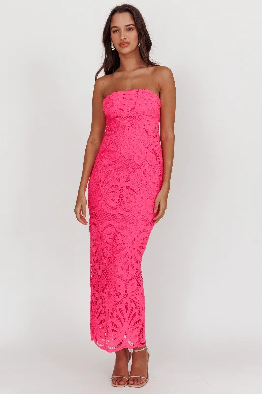 Bia Strapless Lace Embroidered Maxi Dress Hot Pink