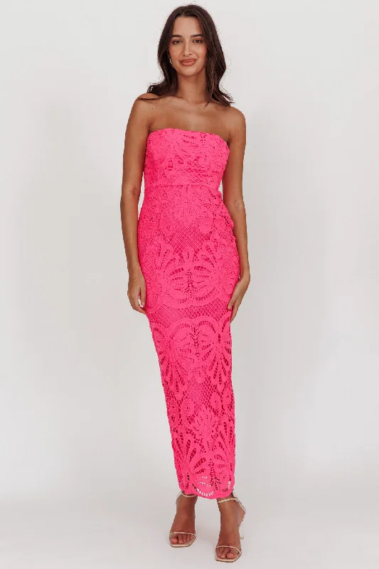 Bia Strapless Lace Embroidered Maxi Dress Hot Pink