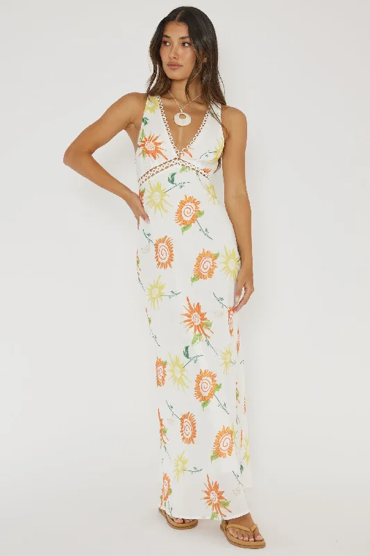 Cambria Crochet Trim Maxi Dress Flower Orange