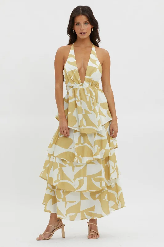 Catalina Tiered Ruffle Maxi Dress Print Yellow