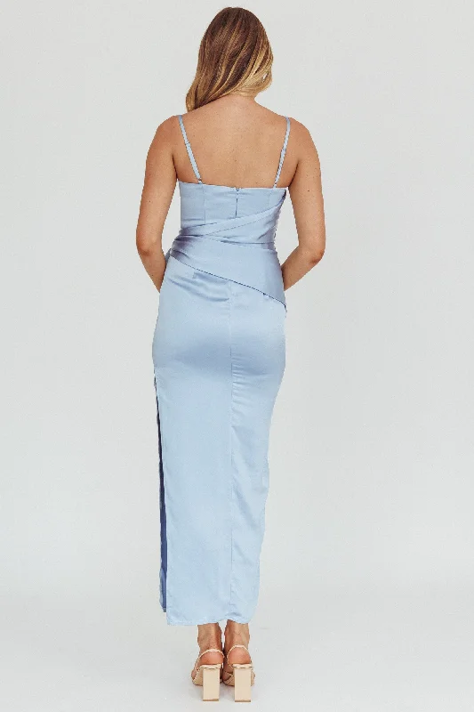 Celestine Waist Tie Satin Maxi Dress Light Blue