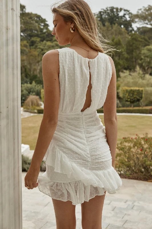 Cherish The Moment Ruched Ruffle Hail Spot Dress White