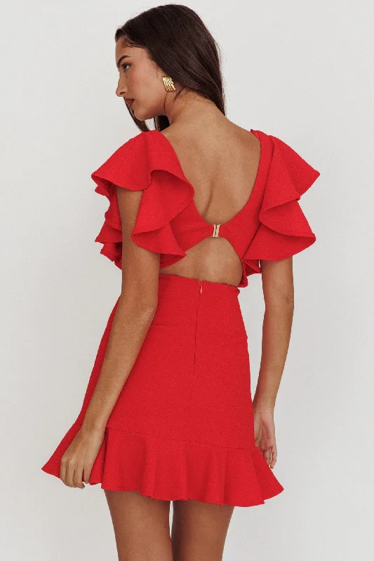 Cupid's Bow V-Neckline Ruffle Shoulder Bodycon Dress Red