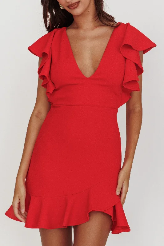 Cupid's Bow V-Neckline Ruffle Shoulder Bodycon Dress Red