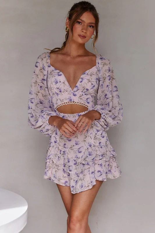 Dearly Beloved Balloon Sleeve Layered Frill Hem Dress Flower Print Blush