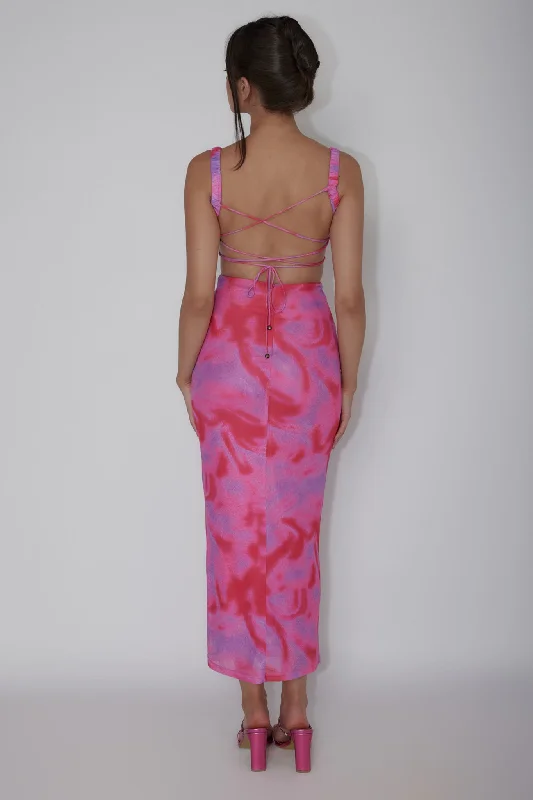 Dream Crush Lace-Up Back Side Split Maxi Dress Swirl Pink