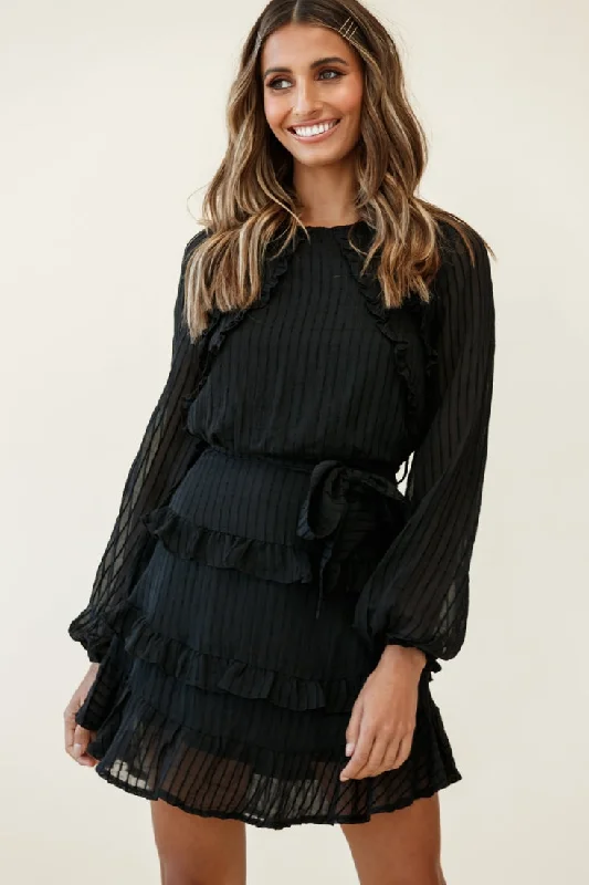 Dusk Long Sleeve Waist Tie Frill Dress Sheer Stripe Black