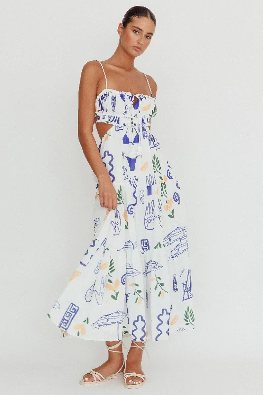 Eyona Cut-Out Back Print Maxi Dress White