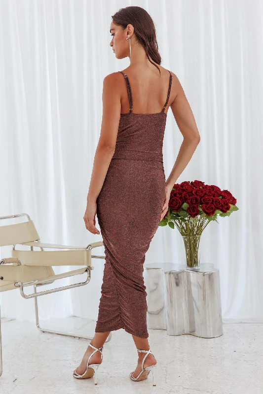 Got Glam Ruched Maxi Dress Shimmer Chocolate