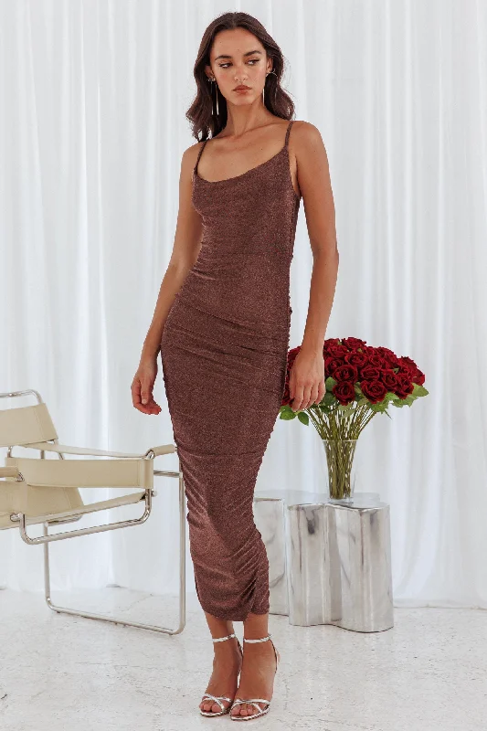 Got Glam Ruched Maxi Dress Shimmer Chocolate