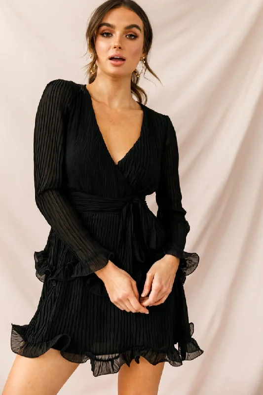 Greta Tiered Ruffle Chiffon Long Sleeve Dress Black