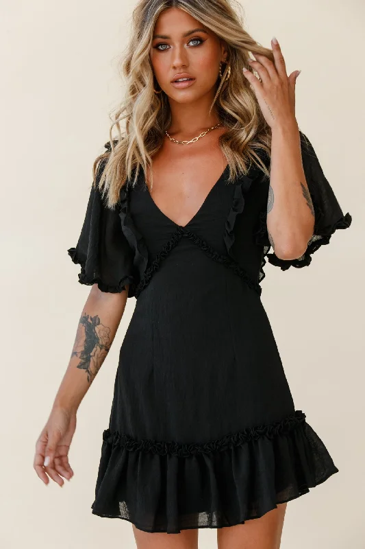 Halo V-Neckline Frill Detail Dress Black