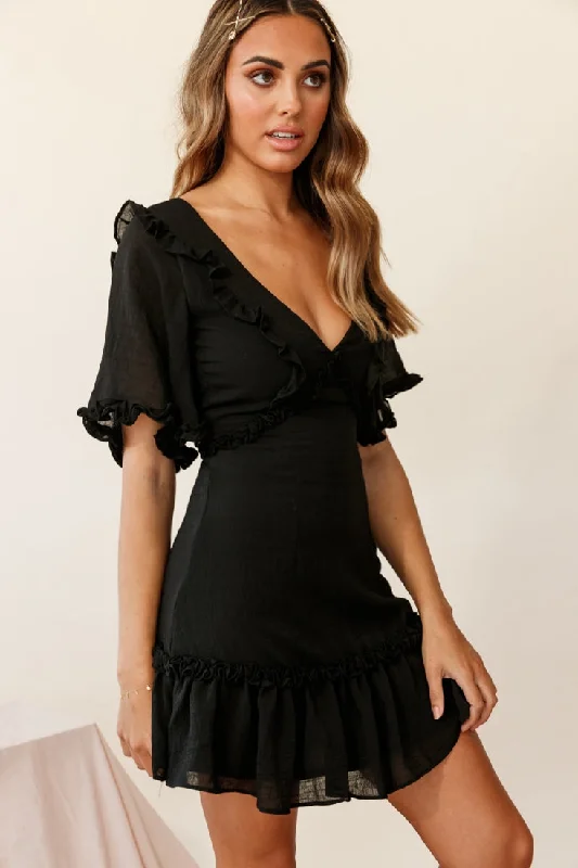 Halo V-Neckline Frill Detail Dress Black