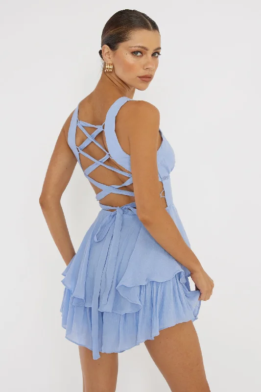 Hard To Catch Lace-Up Back Romper Blue