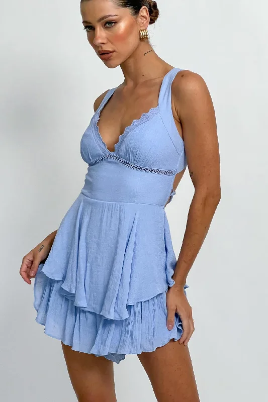 Hard To Catch Lace-Up Back Romper Blue