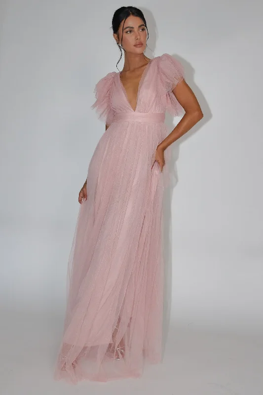 Heaven's Love Deep V-Neck Tulle Maxi Dress Blush