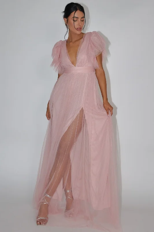 Heaven's Love Deep V-Neck Tulle Maxi Dress Blush