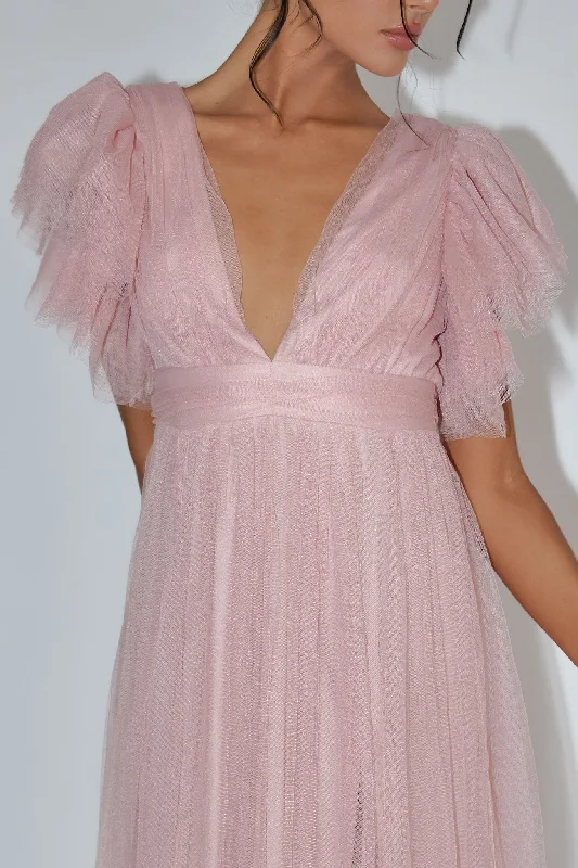 Heaven's Love Deep V-Neck Tulle Maxi Dress Blush