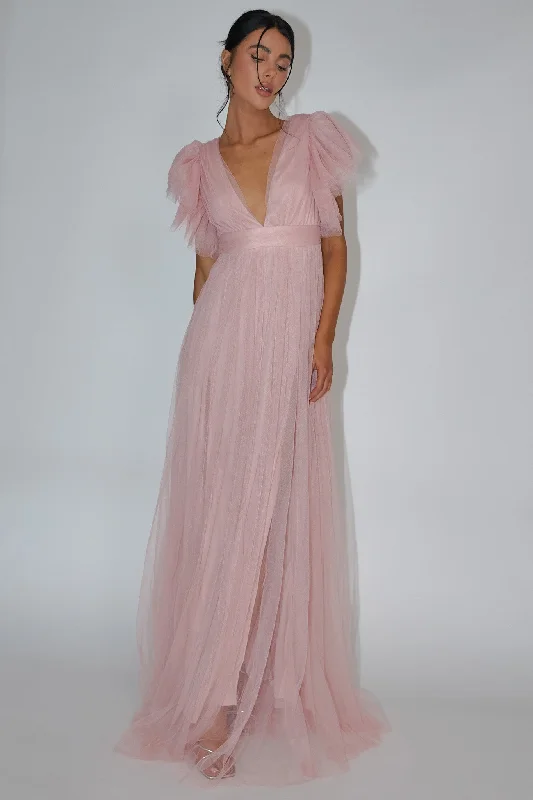 Heaven's Love Deep V-Neck Tulle Maxi Dress Blush