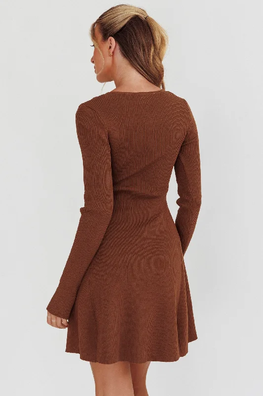 Intuitions Long Sleeve Ribbed Knit Dress Chocolate