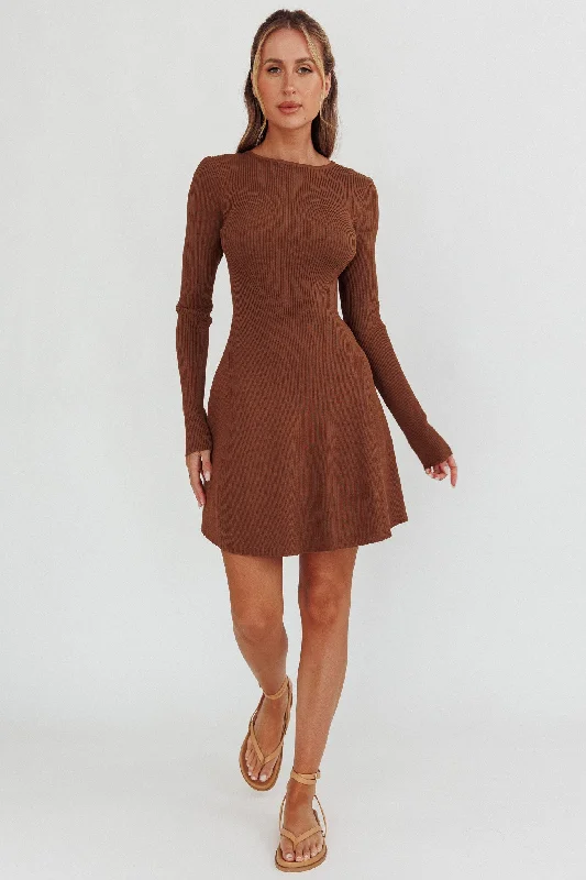 Intuitions Long Sleeve Ribbed Knit Dress Chocolate