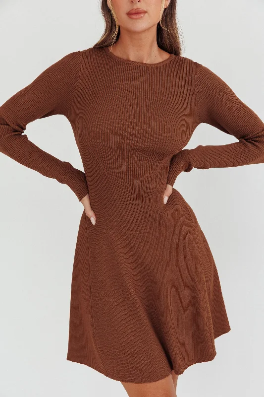 Intuitions Long Sleeve Ribbed Knit Dress Chocolate