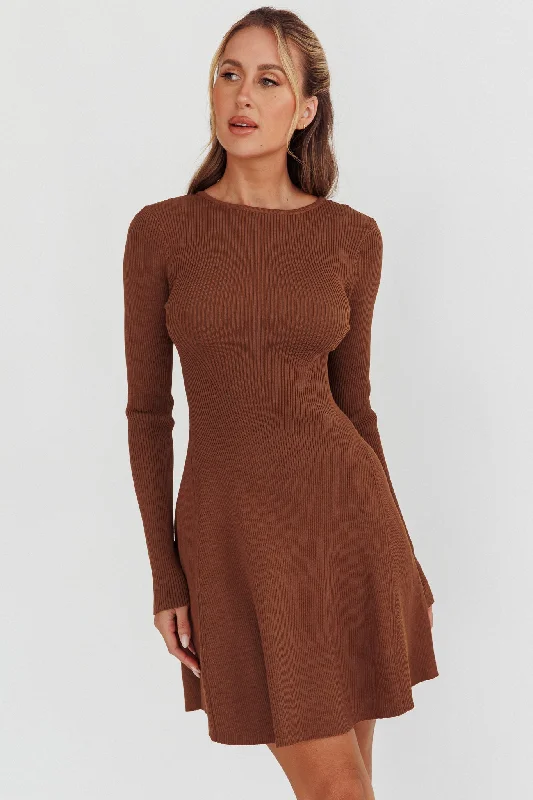 Intuitions Long Sleeve Ribbed Knit Dress Chocolate