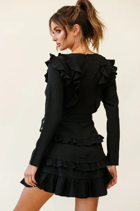 Jemirah Ruffle-Trimmed Long Sleeve Frill Dress Black