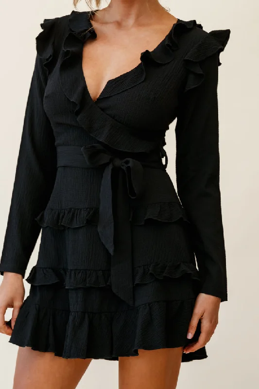 Jemirah Ruffle-Trimmed Long Sleeve Frill Dress Black