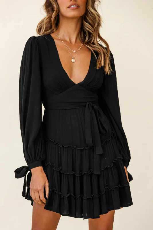 Jocelyn Long Sleeve Tied Cuff Frill Dress Black