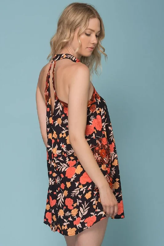 Julissa Halter Top Floral Day Dress Black & Rust