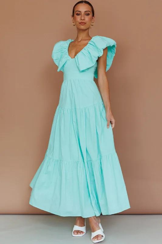 Kahlo Puffed Ruffle Neckline Maxi Dress Mint