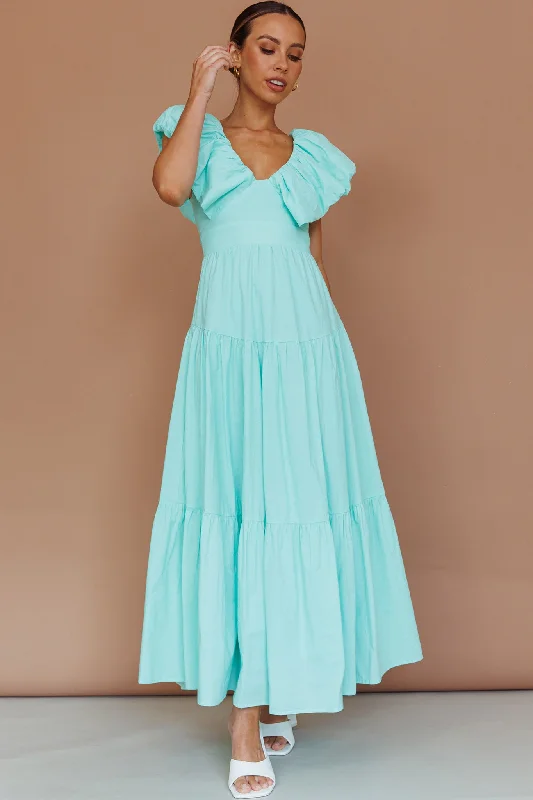 Kahlo Puffed Ruffle Neckline Maxi Dress Mint