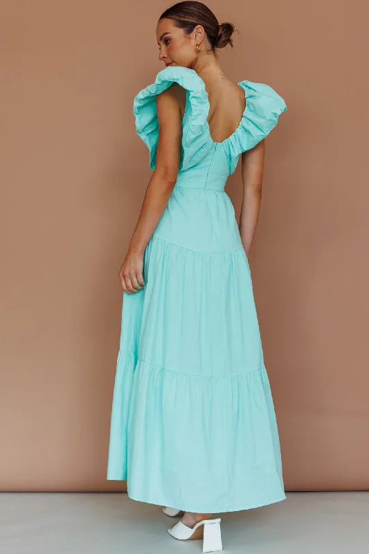 Kahlo Puffed Ruffle Neckline Maxi Dress Mint