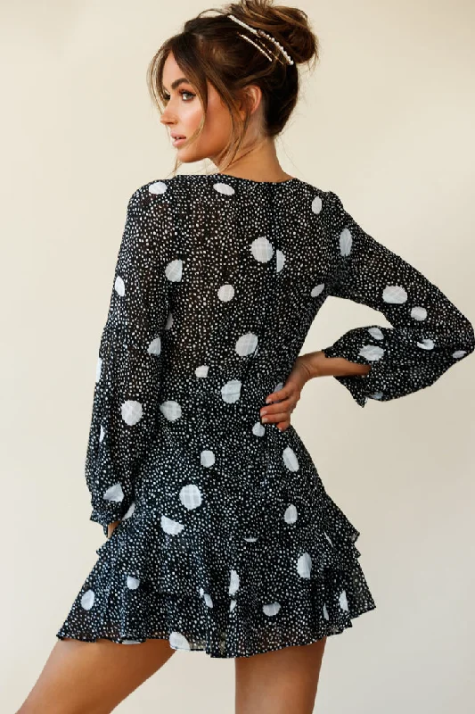 Kerry Layered Balloon Sleeve Dress Spot Print Black