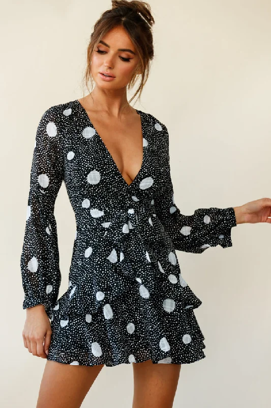 Kerry Layered Balloon Sleeve Dress Spot Print Black