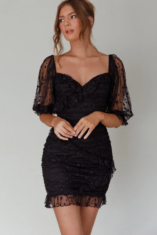 La Vida Sweetheart Neckline Puff Sleeve Dress Black