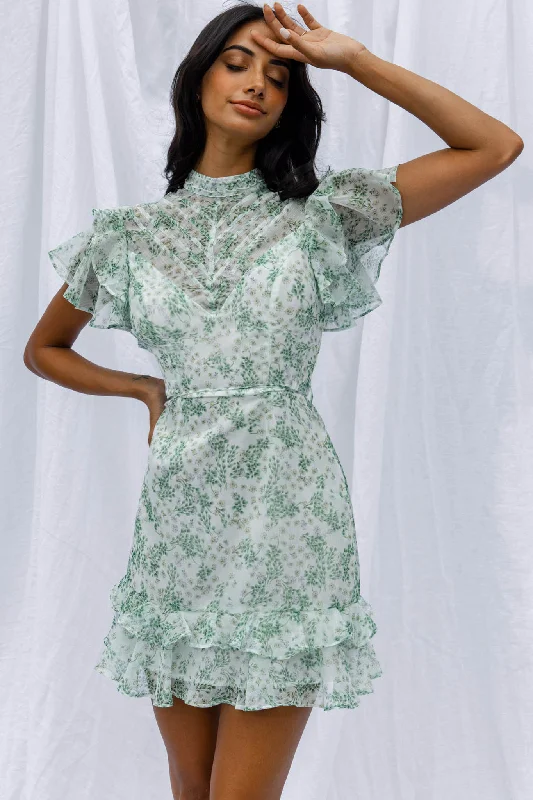 Lark High Neck Ruffle Sleeve Dress Clover Print Green