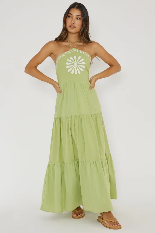 Life Elixir Halterneck Embroidered Maxi Dress Green