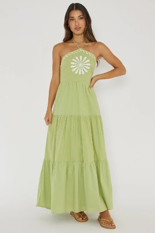 Life Elixir Halterneck Embroidered Maxi Dress Green