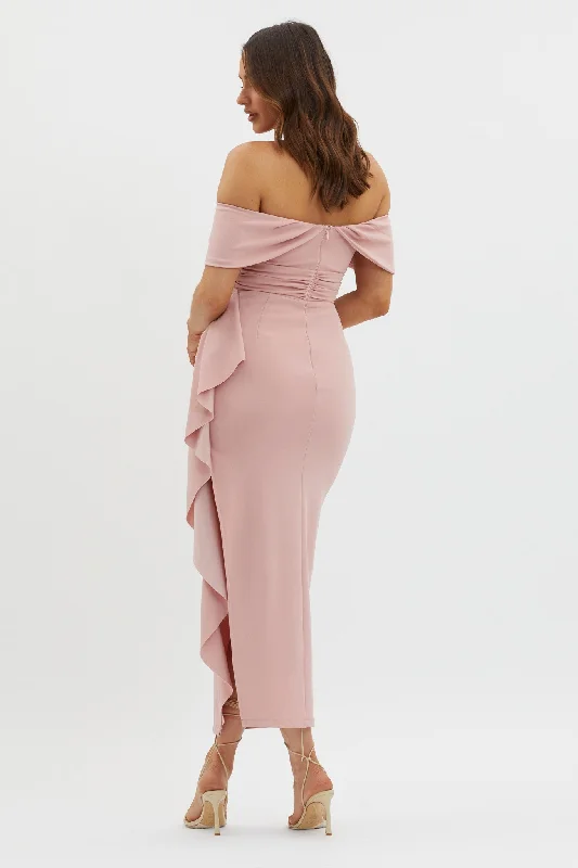 Lillianne Off-Shoulder Side Ruffle Maxi Dress Blush