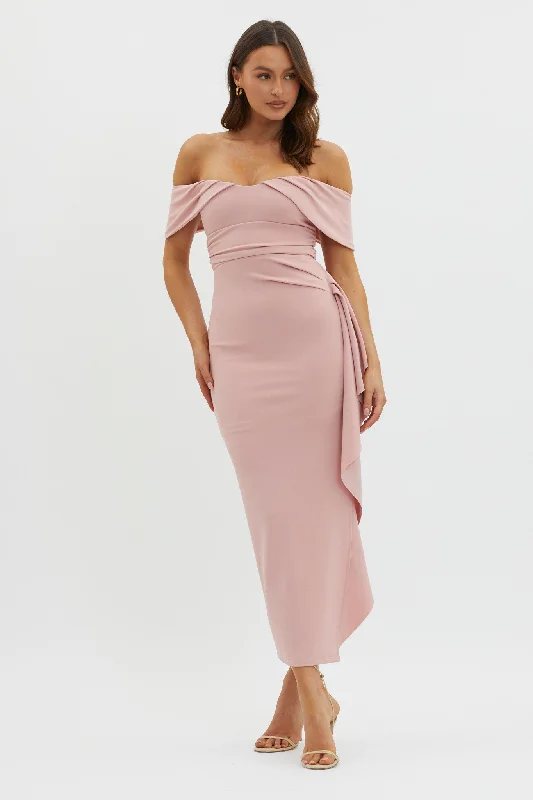 Lillianne Off-Shoulder Side Ruffle Maxi Dress Blush