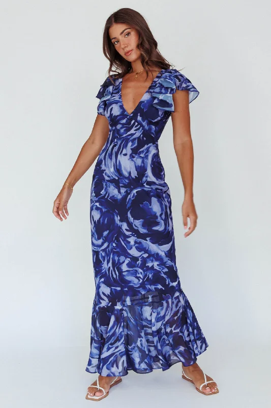 Lydiah Ruffle Sleeve Maxi Dress Floral Blue