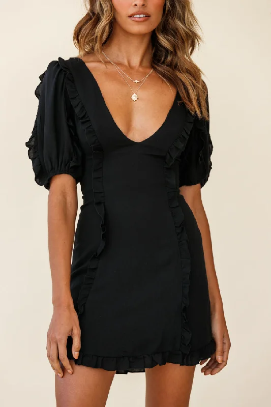 Maisy Puff Sleeve Frill Trim Dress Black